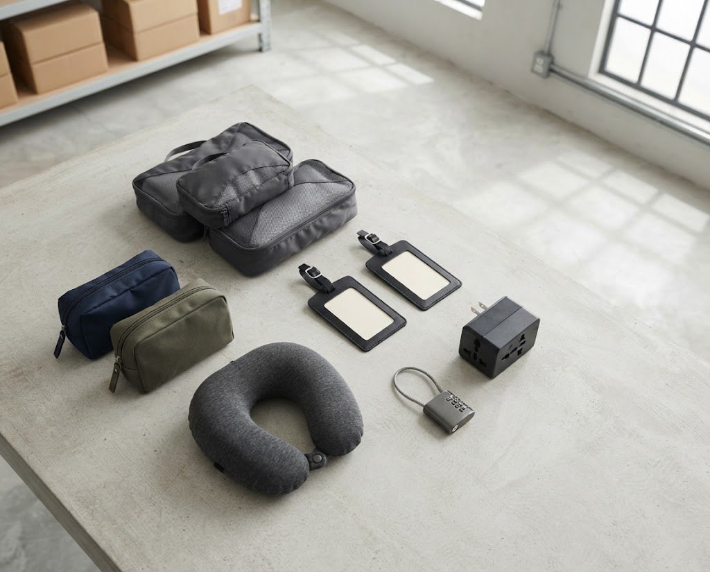 Travel accessories in a flat lay
