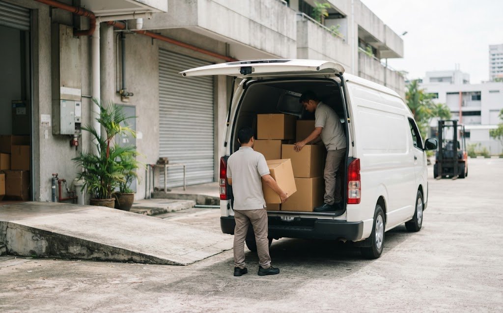 Cartons loaded into a delivery van