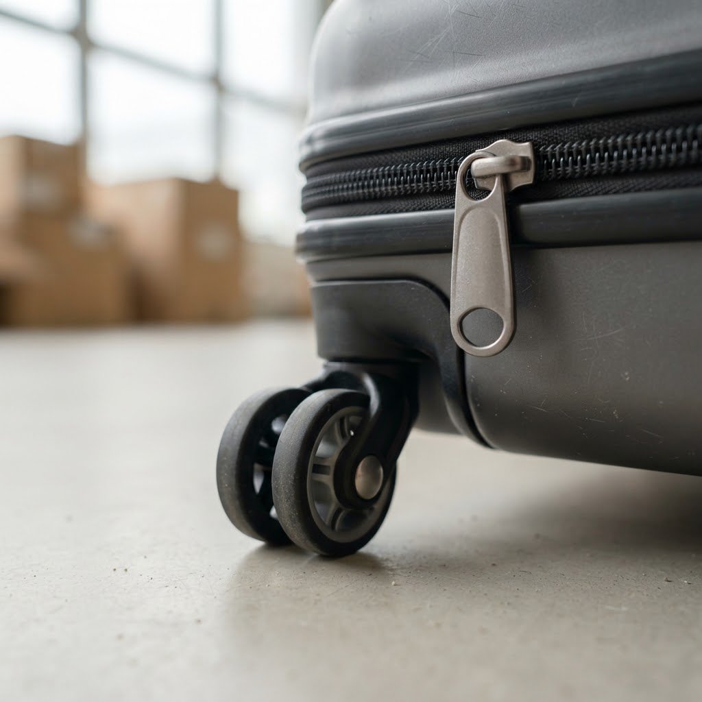 Close-up of a zip pull and wheel