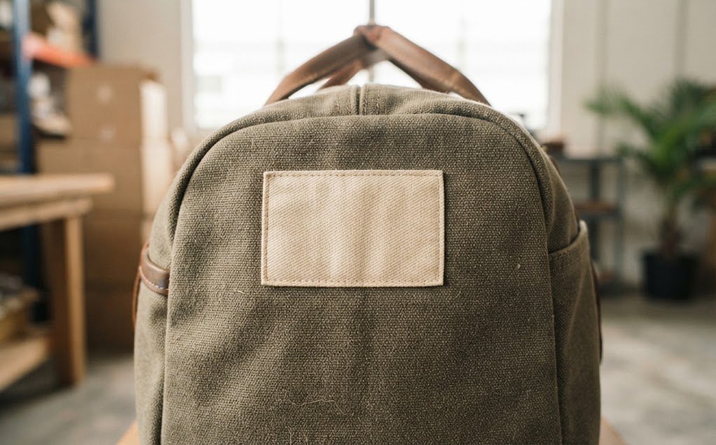Close-up of a bag panel with a blank label